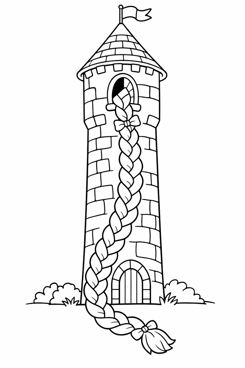 A very long braid tumbling out of a high tower window and falling all the way down the stone wall coloring page
