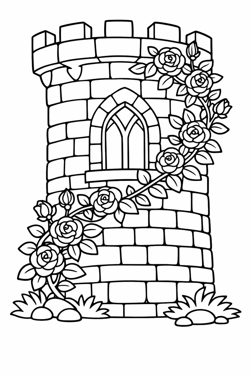 A stone tower covered in climbing roses winding up the wall around the window coloring page