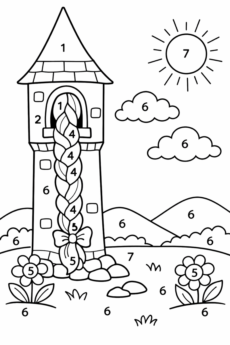 A tower and braid scene divided into numbered regions ready to color by number coloring page