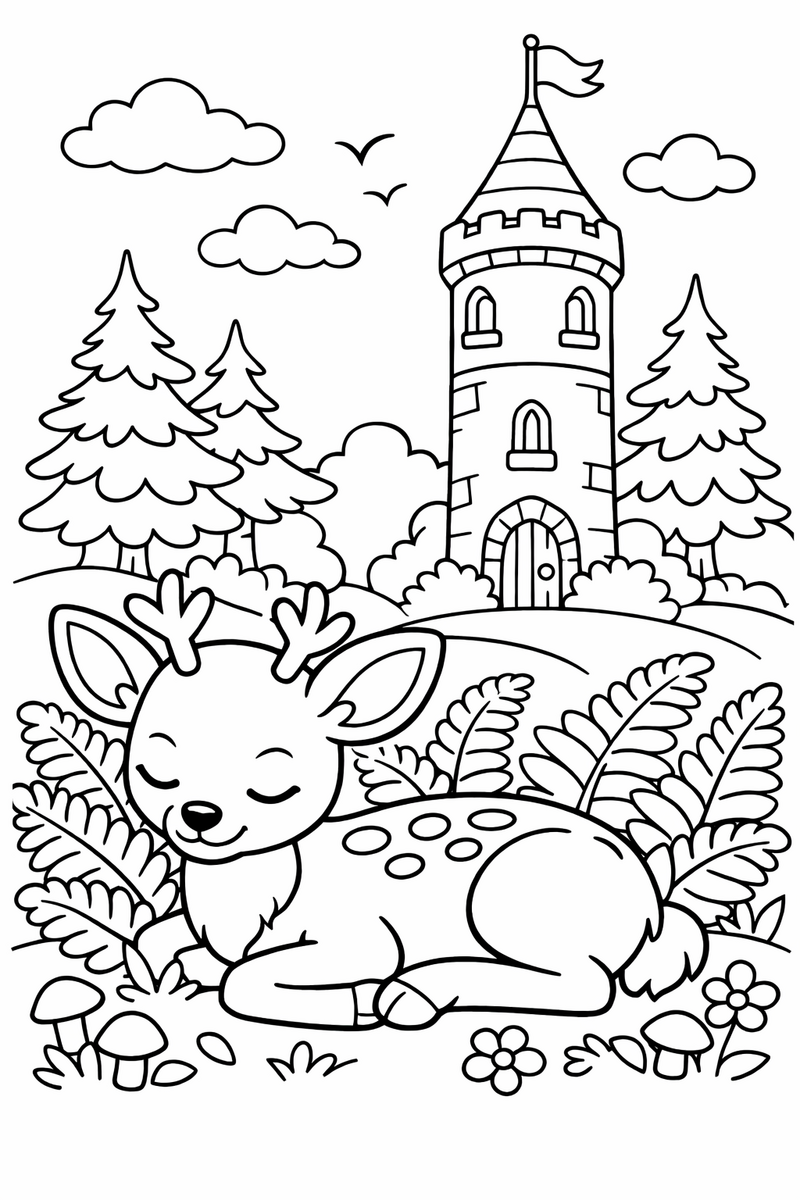 A gentle deer resting among ferns at the foot of a tall tower in a quiet forest coloring page