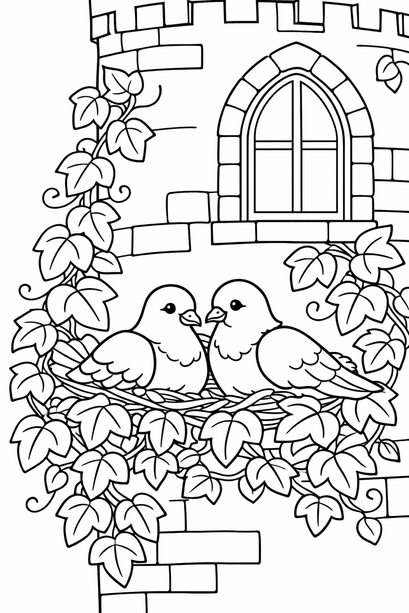 Two doves nesting in the climbing ivy on the wall of a tall tower near the window coloring page