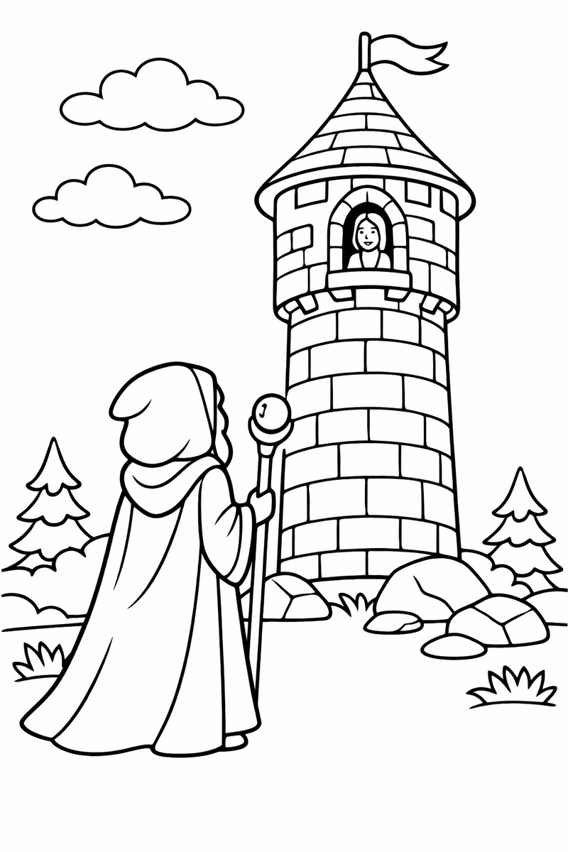 A hooded enchantress in a long cloak standing at the base of a tall tower and looking up at the window coloring page