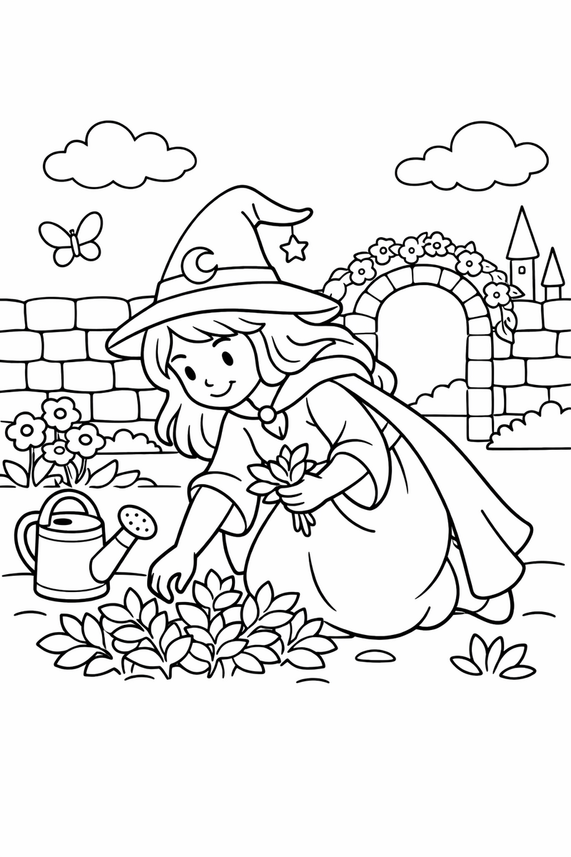 An enchantress bending to pick leafy herbs from a walled garden with a watering can nearby coloring page