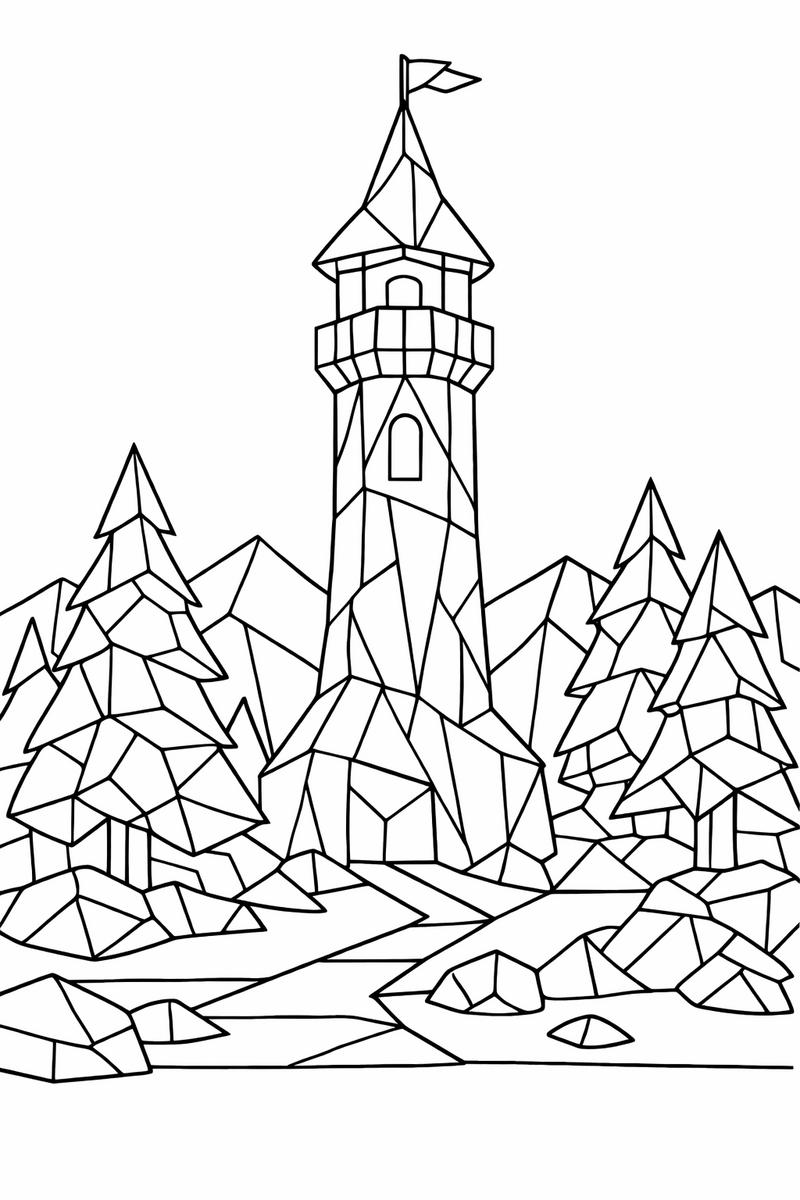 A tall tower and forest built from angular geometric low poly facets coloring page