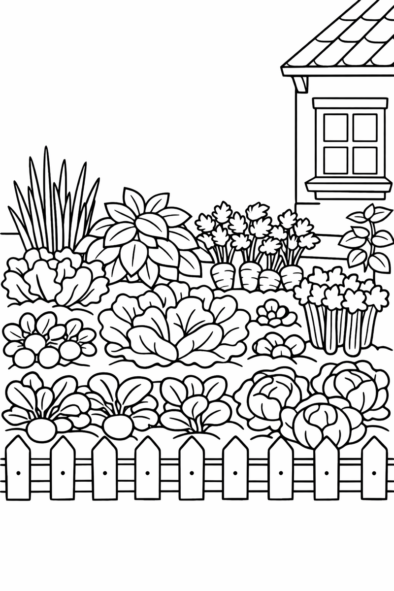 A leafy herb and vegetable garden full of greens behind a low picket fence beside a cottage wall coloring page