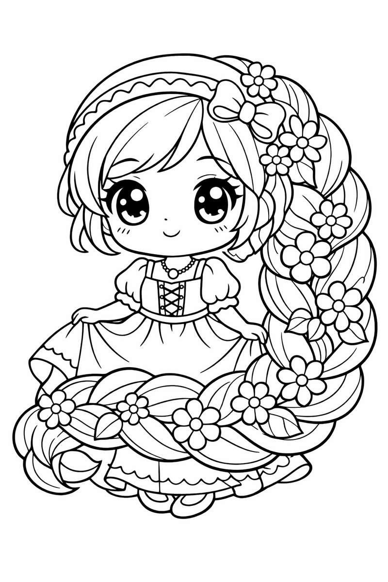 A cute chibi maiden with big sparkly eyes and an enormous curling braid decorated with flowers kawaii style coloring page