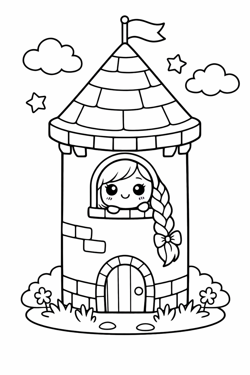 A tiny round tower with a smiling face and a little braid poking out of the window kawaii style coloring page