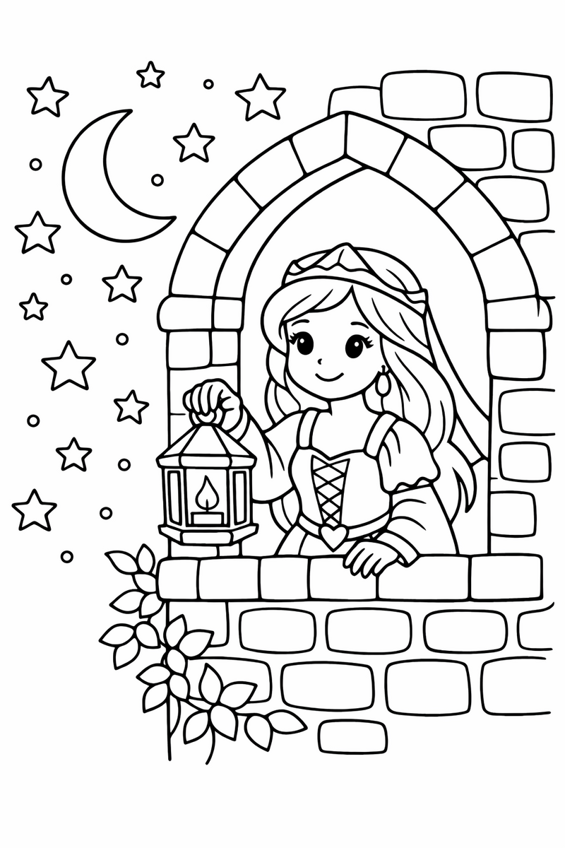 A maiden holding a glowing lantern at a tower window under a sky full of stars coloring page