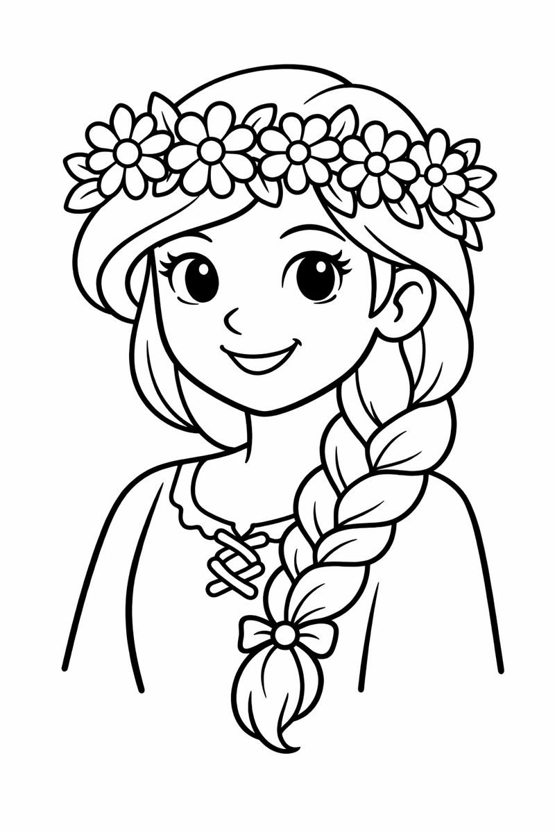 A smiling maiden wearing a woven flower crown with her long braid draped over one shoulder coloring page