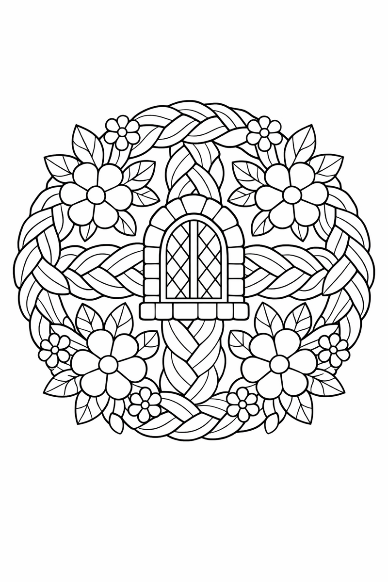 A round mandala of braided strands, flowers and leaves radiating out from a central tower window coloring page