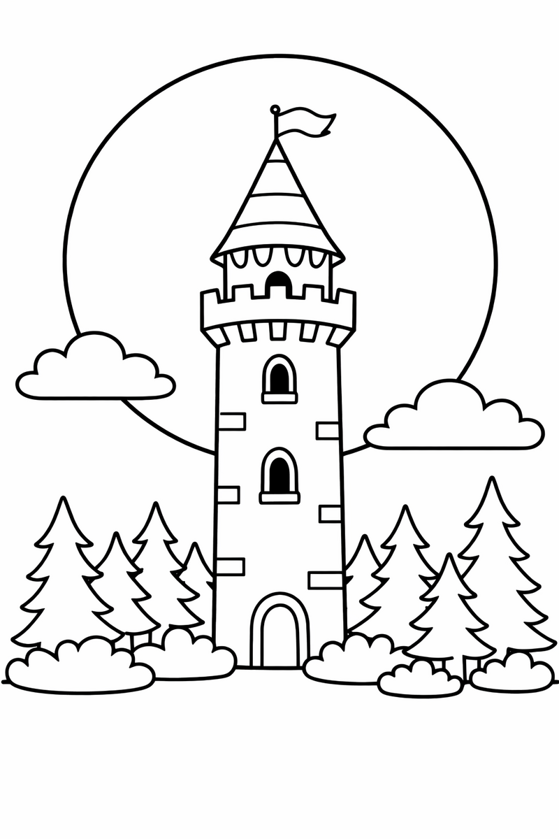 A tall tower and the surrounding forest silhouetted under a big round full moon coloring page