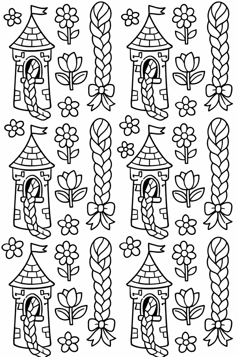 A repeating pattern of little towers, long braids and flowers tiled evenly across the page coloring page