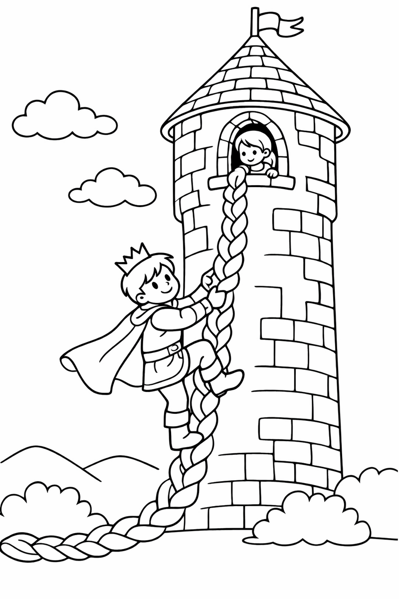 A prince in a cape climbing a very long golden braid up the outside of a tall stone tower coloring page