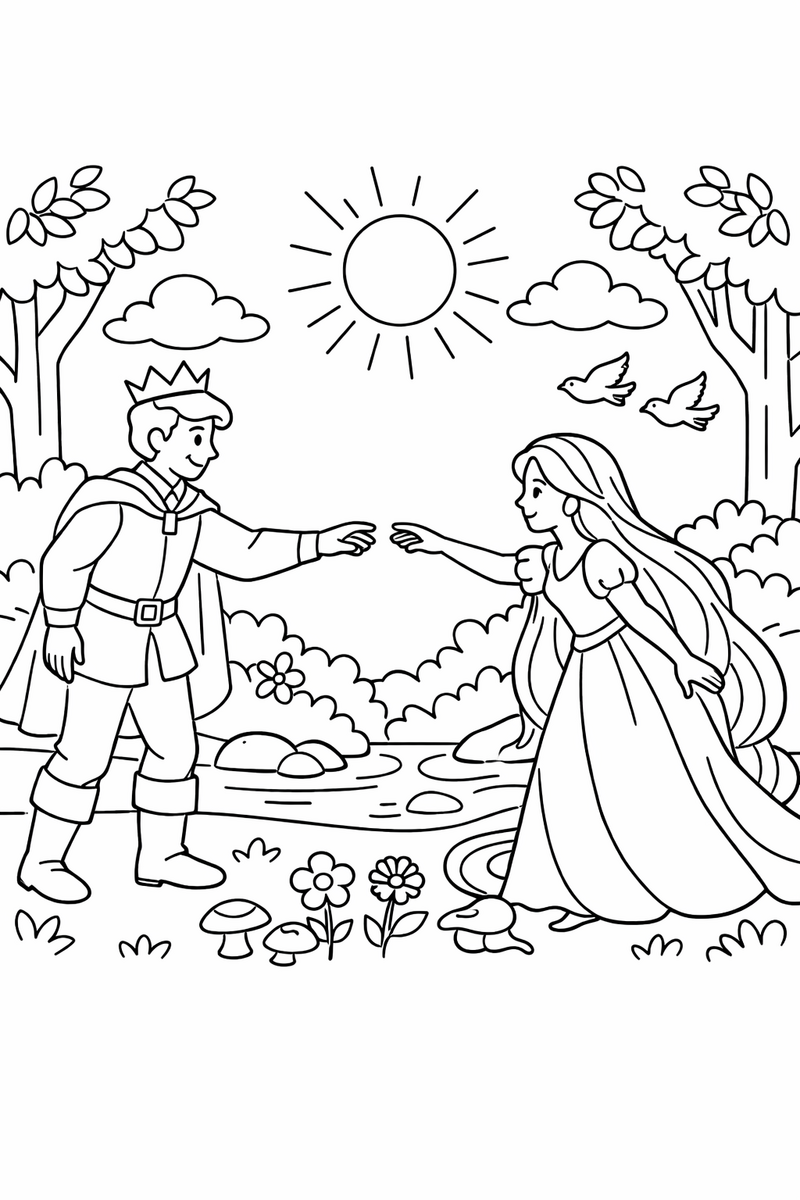 A prince and a long-haired maiden reaching toward each other in a sunny forest clearing coloring page
