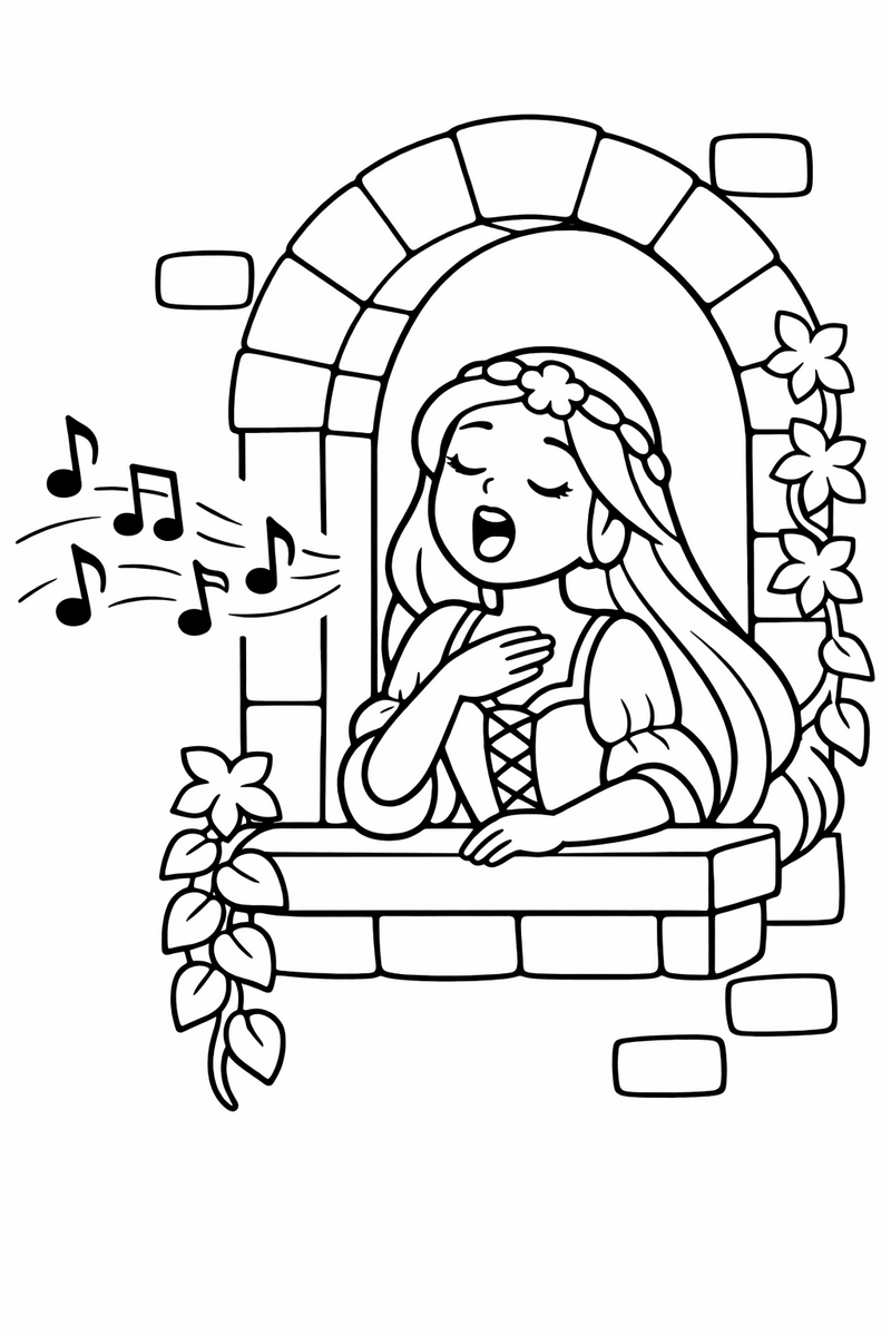 A long-haired maiden singing at an arched tower window with music notes drifting into the air coloring page
