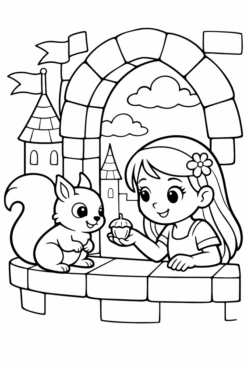 A little squirrel perched on a tower windowsill next to a girl offering a nut coloring page