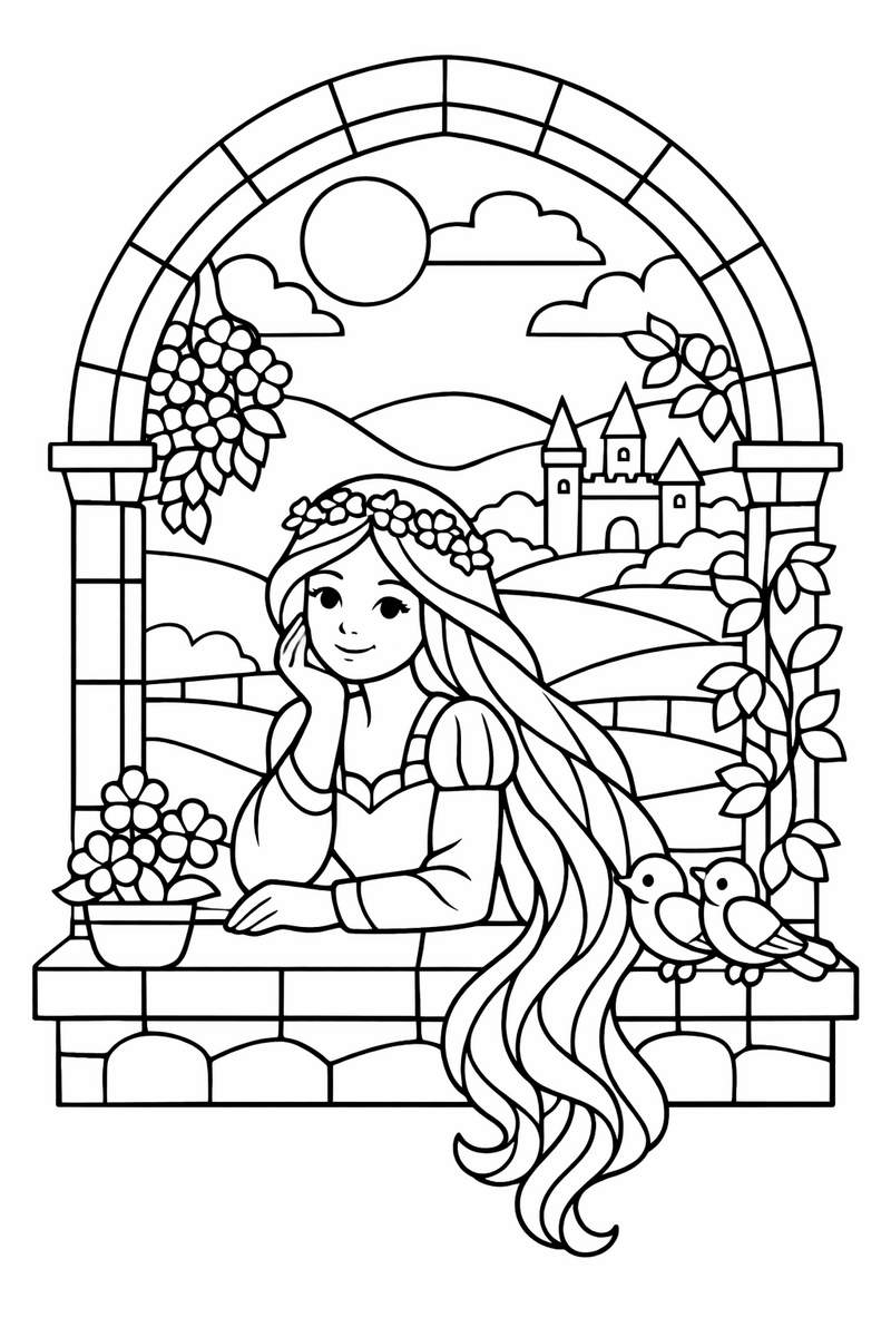 A long-haired maiden at a window rendered as a stained glass panel with bold leaded outlines coloring page