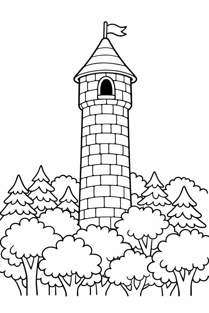 A tall round stone tower rising high above the treetops of a thick forest with a single window at the top coloring page