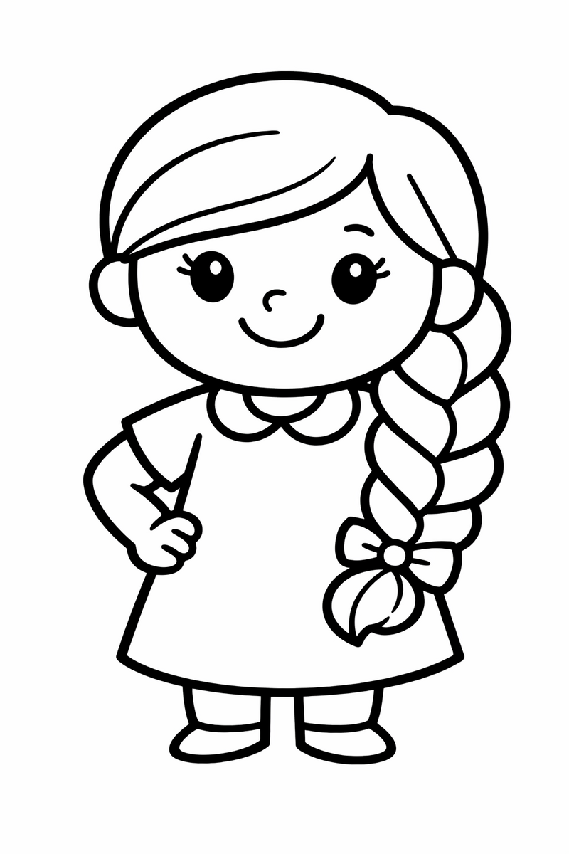 A simple smiling girl with one big thick braid drawn with chunky easy lines for little children coloring page