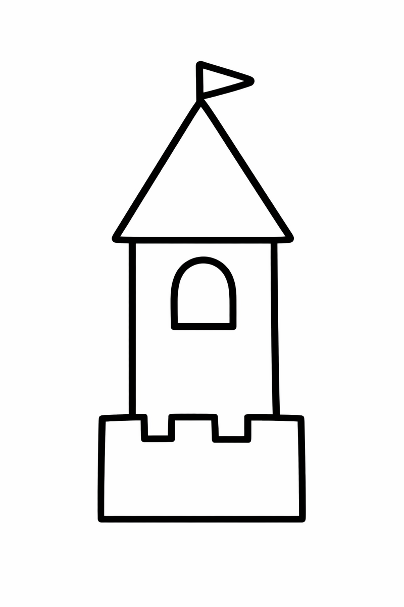 A very simple tower with a pointed roof and one window drawn with thick bold lines for toddlers coloring page
