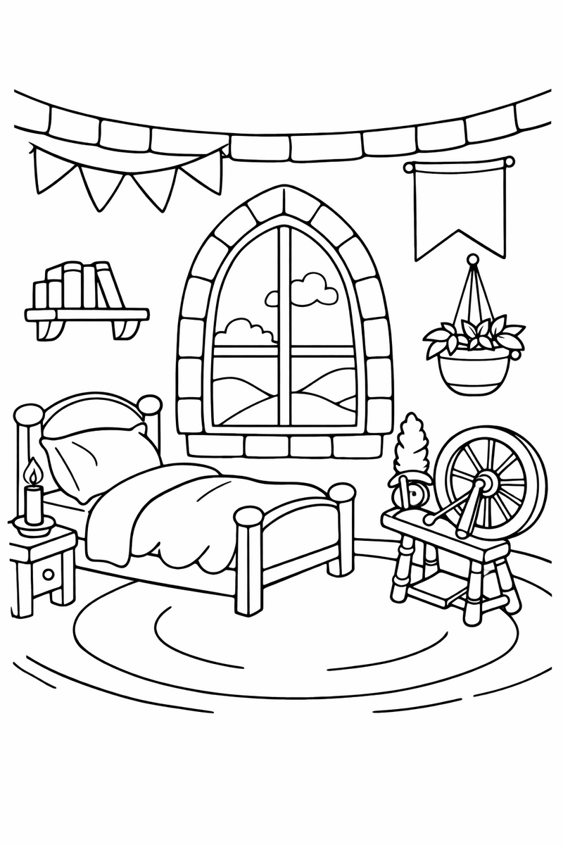A cozy round tower room with a small bed, a spinning wheel and an arched window coloring page