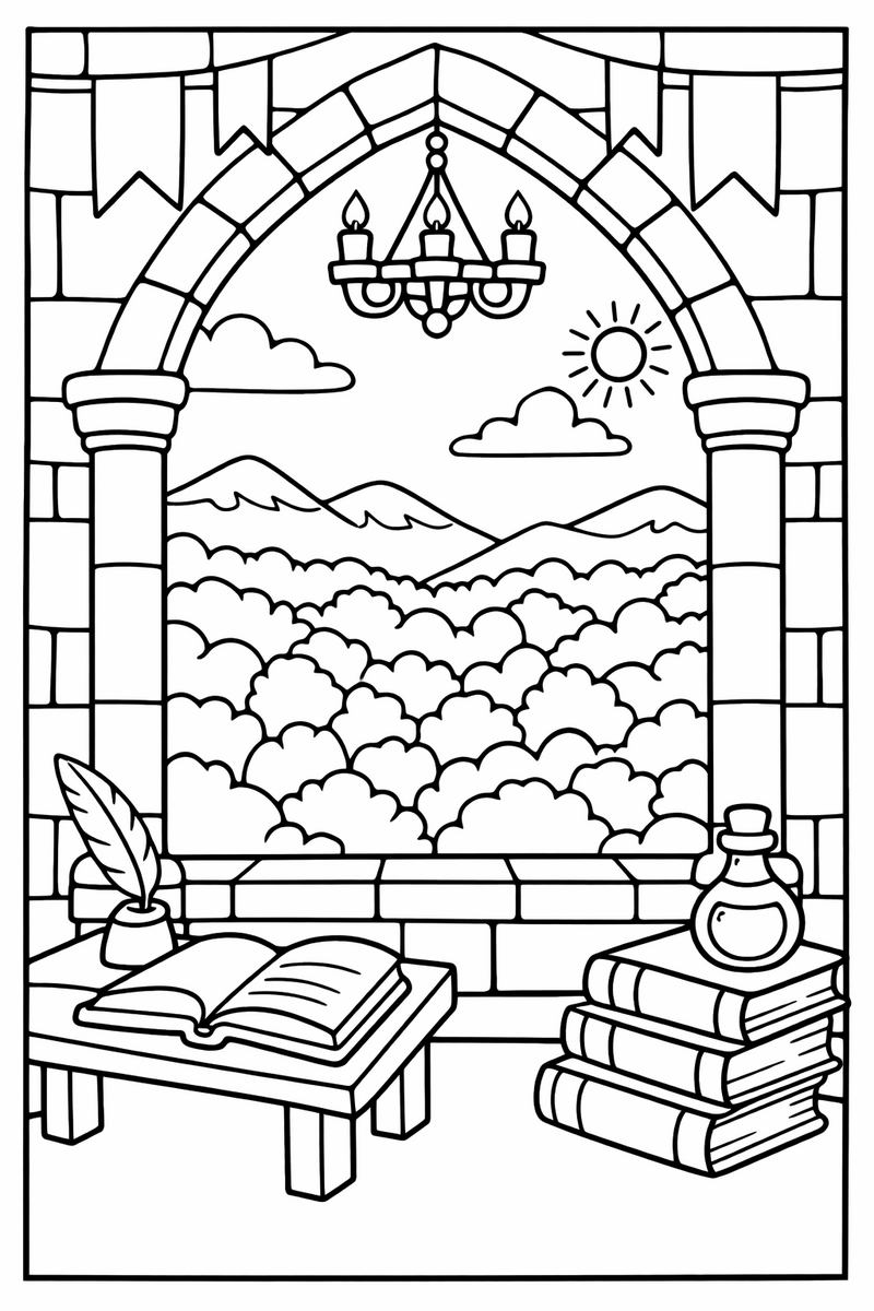 A view from inside a tower looking out an arched window over a forest of rolling treetops coloring page