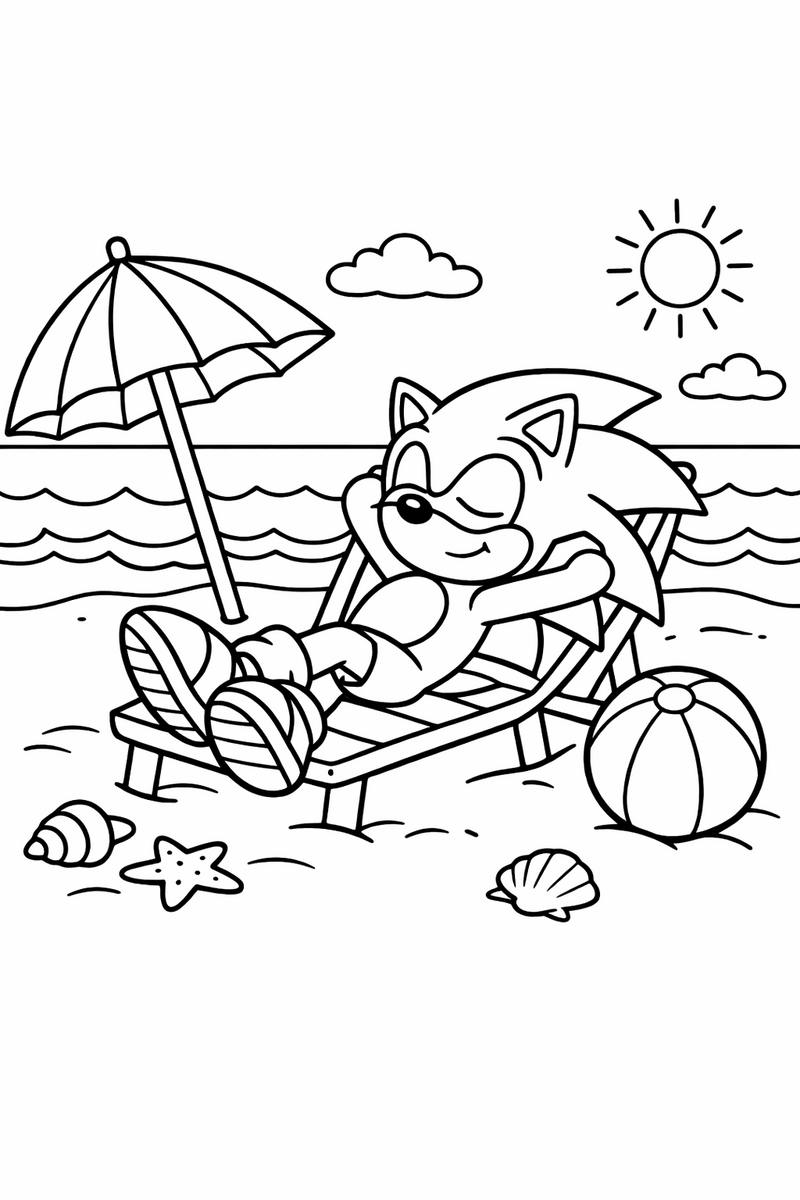 The blue hedgehog relaxing on a beach with a ball, an umbrella and gentle waves behind coloring page