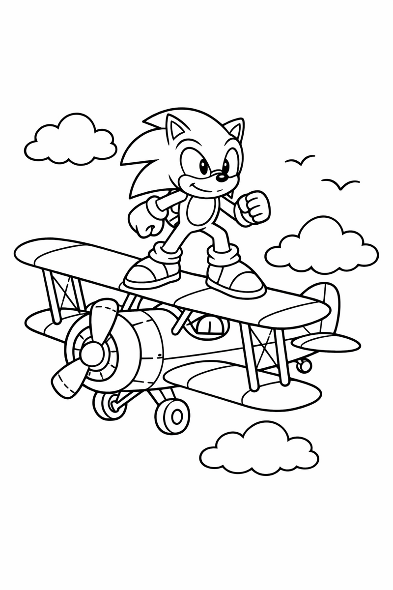 The blue hedgehog standing on the wing of a little propeller biplane in flight coloring page