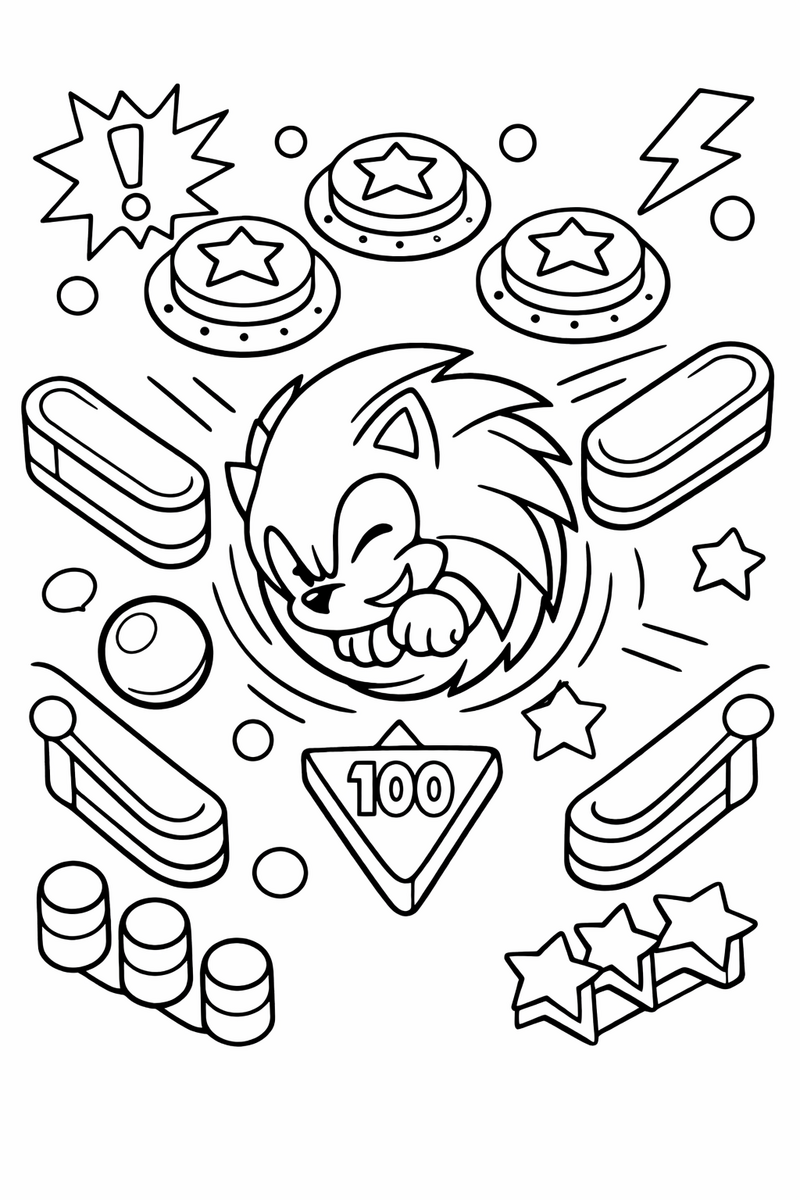 The blue hedgehog curled into a ball bouncing off bumpers and flippers on a pinball table coloring page
