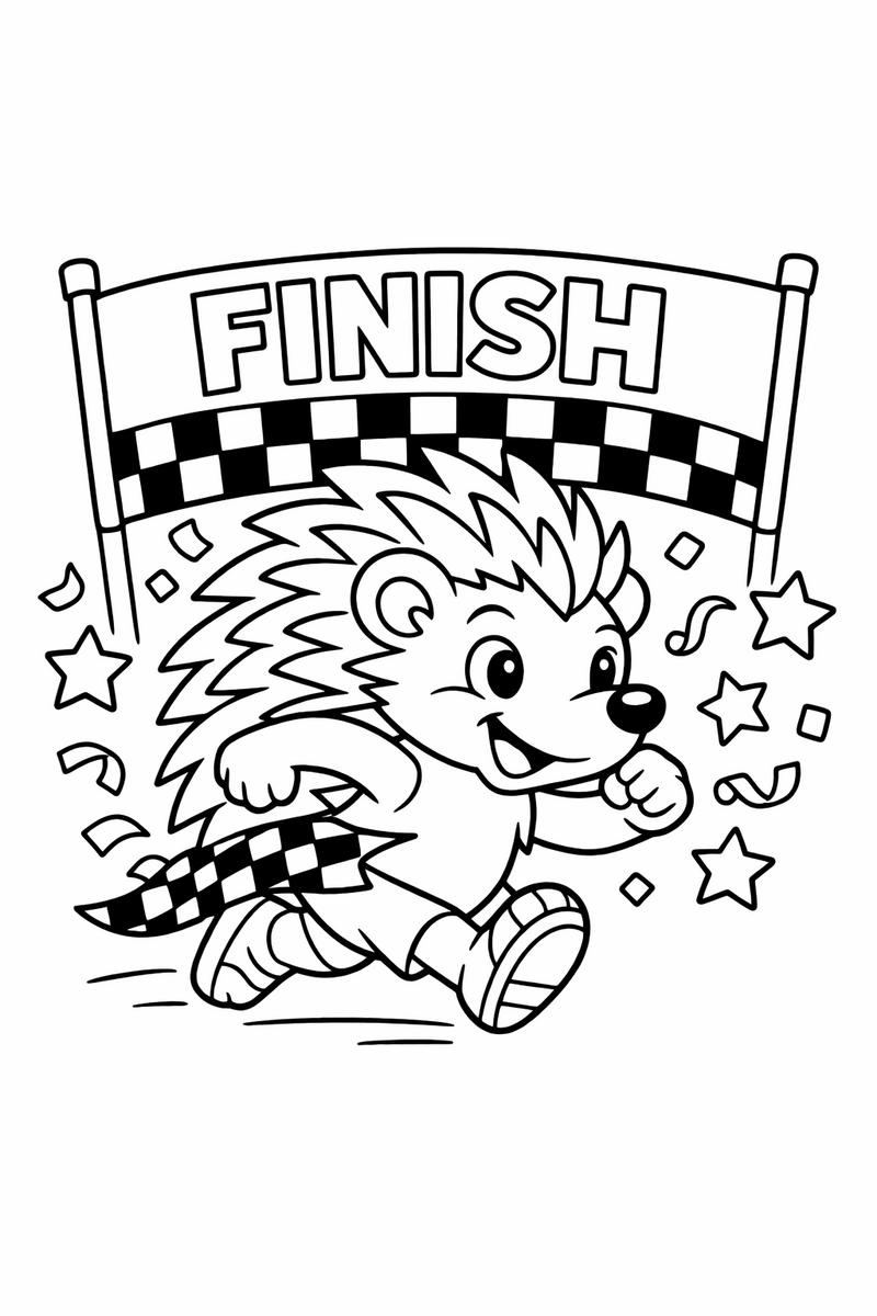 Dibujo de un erizo estilo Sonic cruzando la meta con bandera a cuadros para colorear