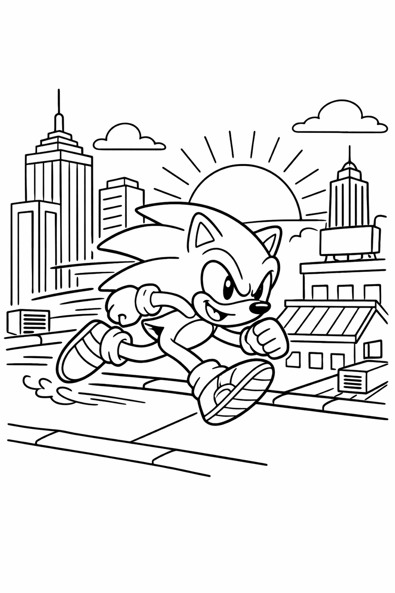 The blue hedgehog dashing across city rooftops past tall buildings and a setting sun coloring page