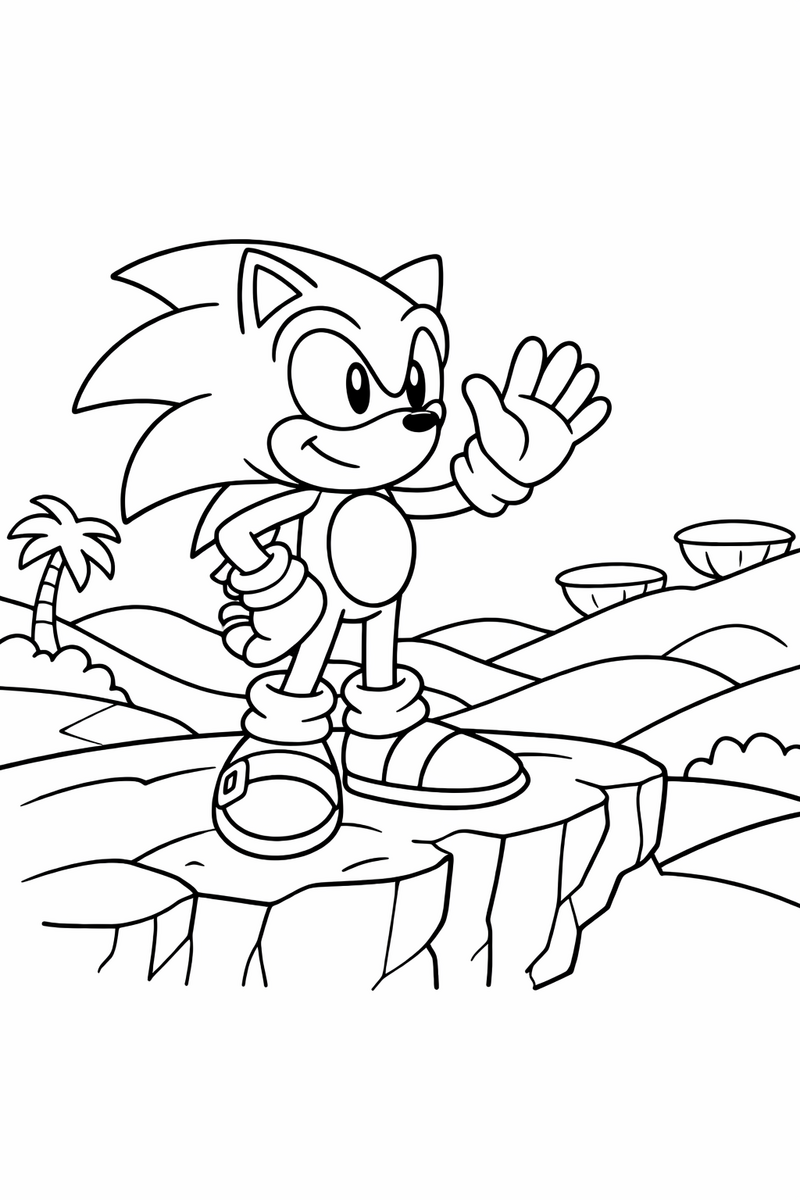Sonic the Hedgehog, the fast blue cartoon hedgehog with long swept-back quills, big round eyes, tan muzzle, peach belly, white gloves and red sneakers, standing on a rocky clifftop looking out over rolling green hills, one hand up coloring page