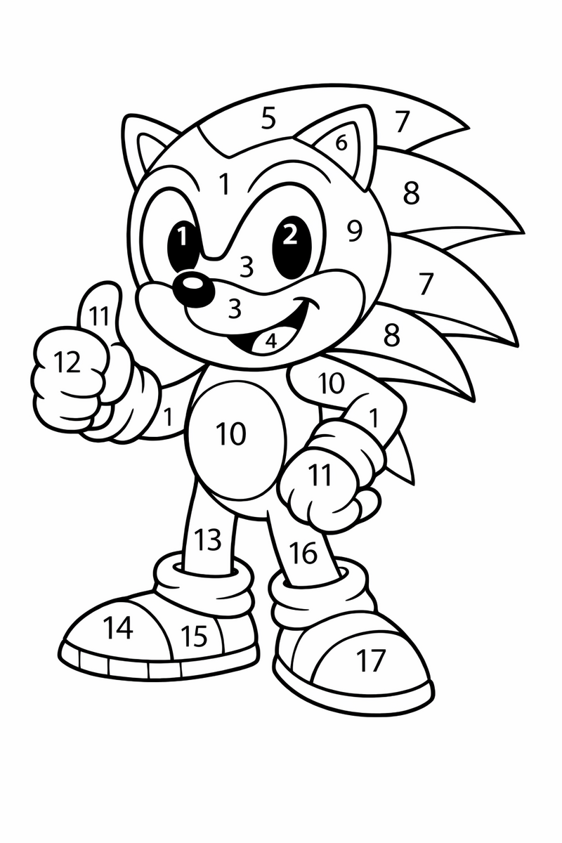 The blue hedgehog standing in a thumbs-up pose divided into numbered color-by-number sections coloring page