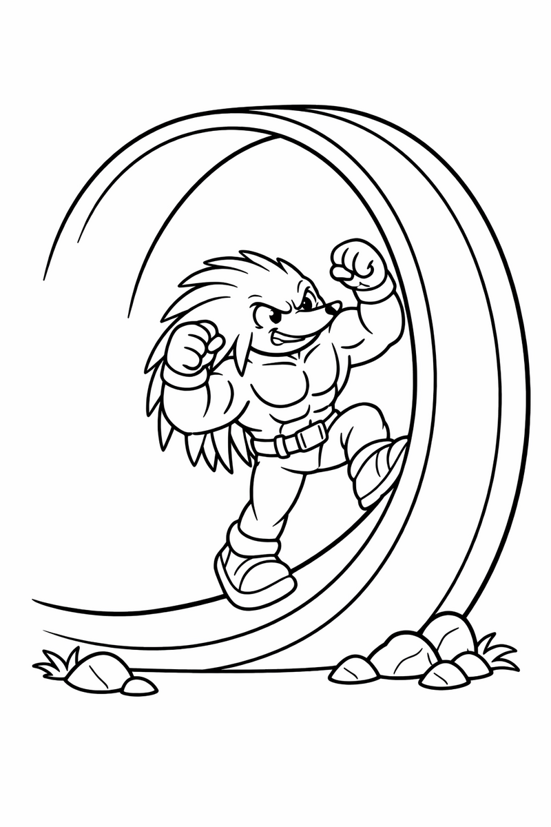 A muscular echidna climbing the inside curve of a giant loop with fists raised coloring page