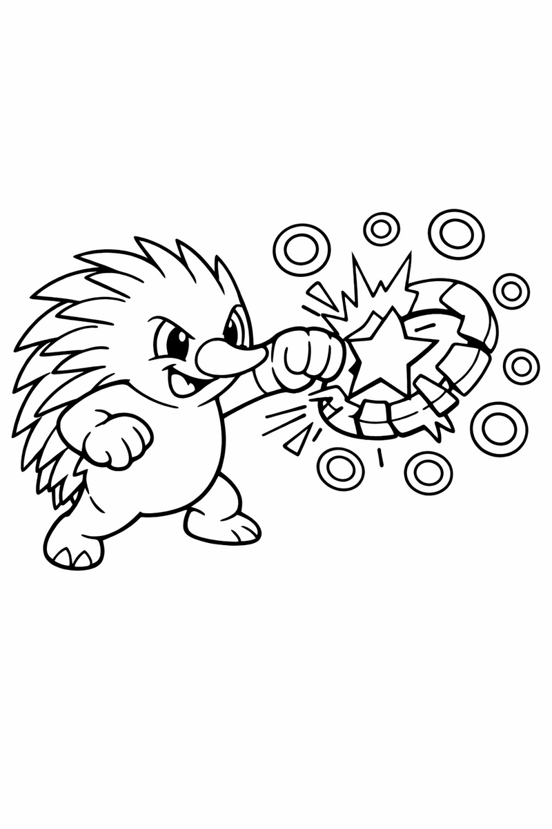 A cartoon echidna punching a floating star ring so it bursts into smaller rings coloring page
