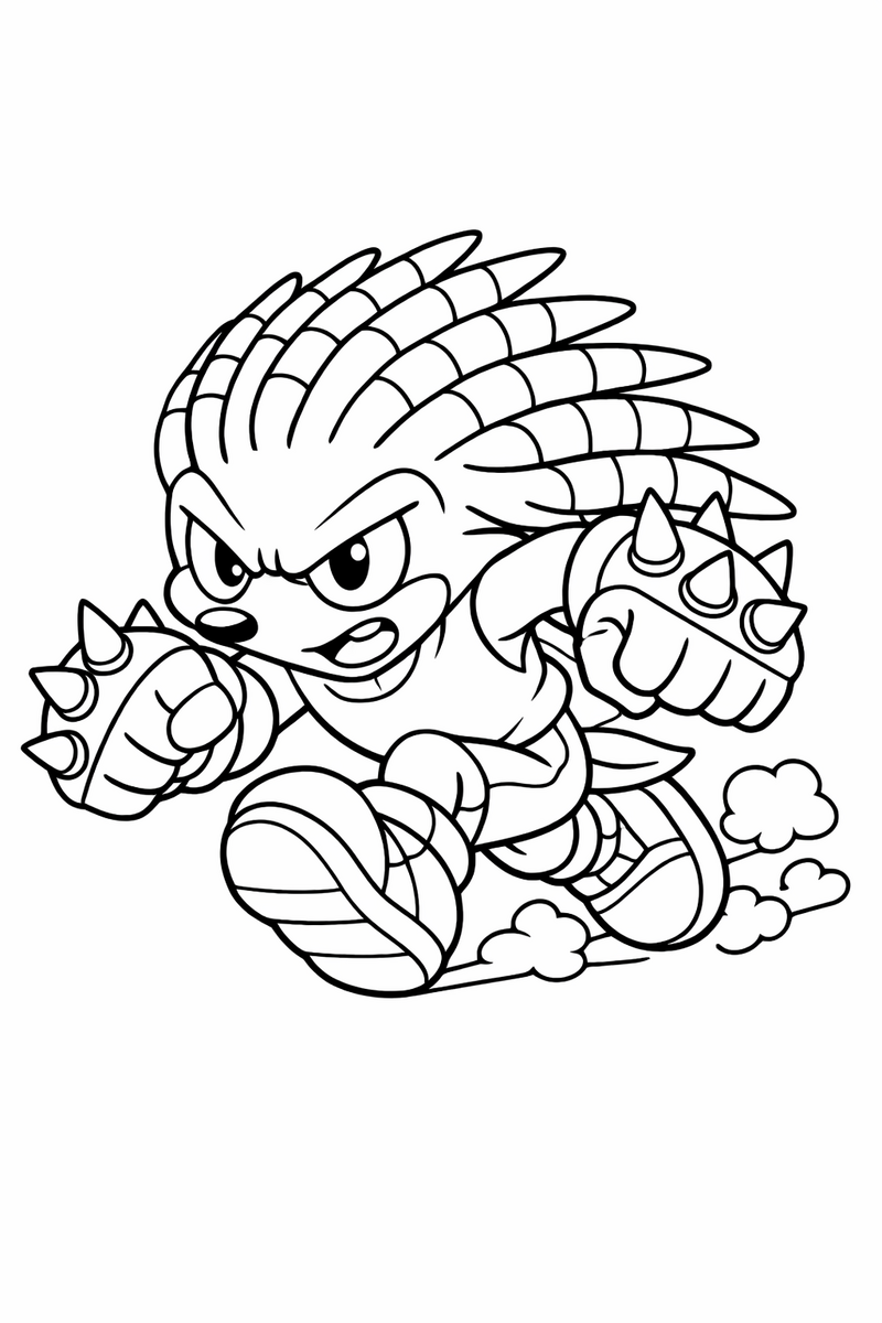 A sturdy cartoon echidna with dreadlock spikes and spiked knuckles charging forward at a run coloring page