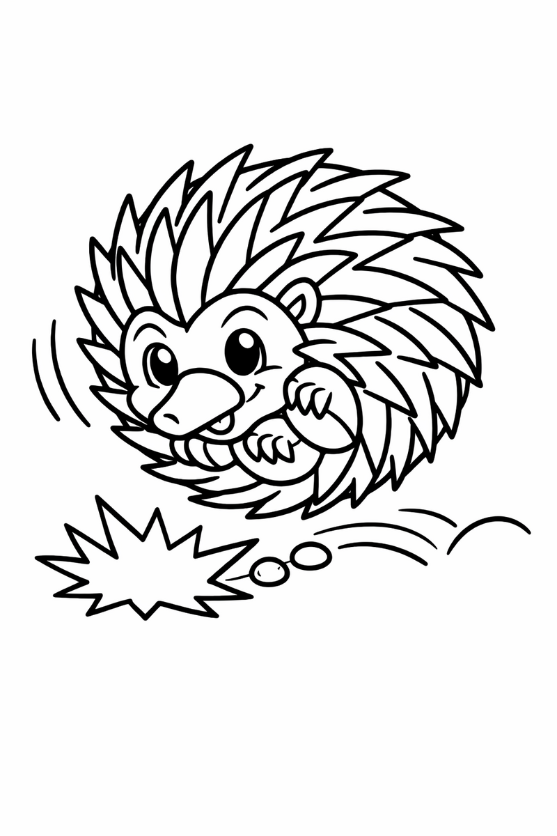 A cartoon echidna rolled into a spiky spin-dash ball bouncing off the ground coloring page