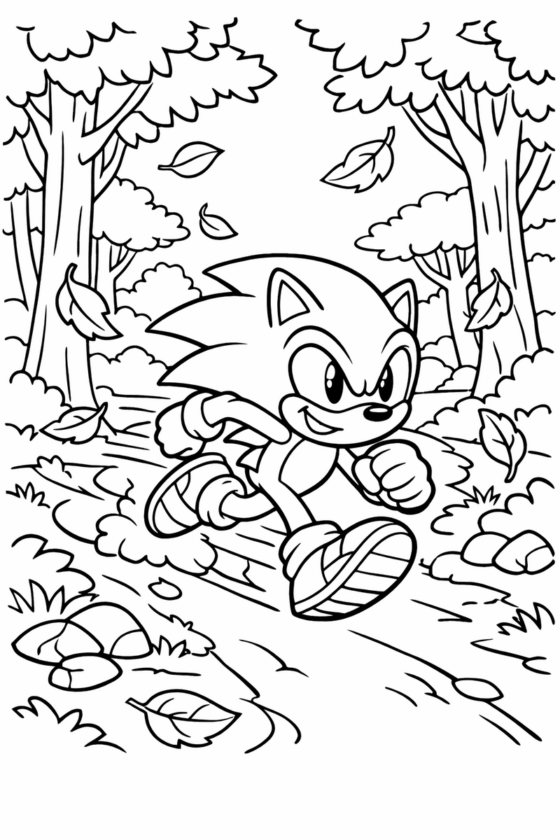 The blue hedgehog racing along a forest path between tall trees with leaves swirling up coloring page