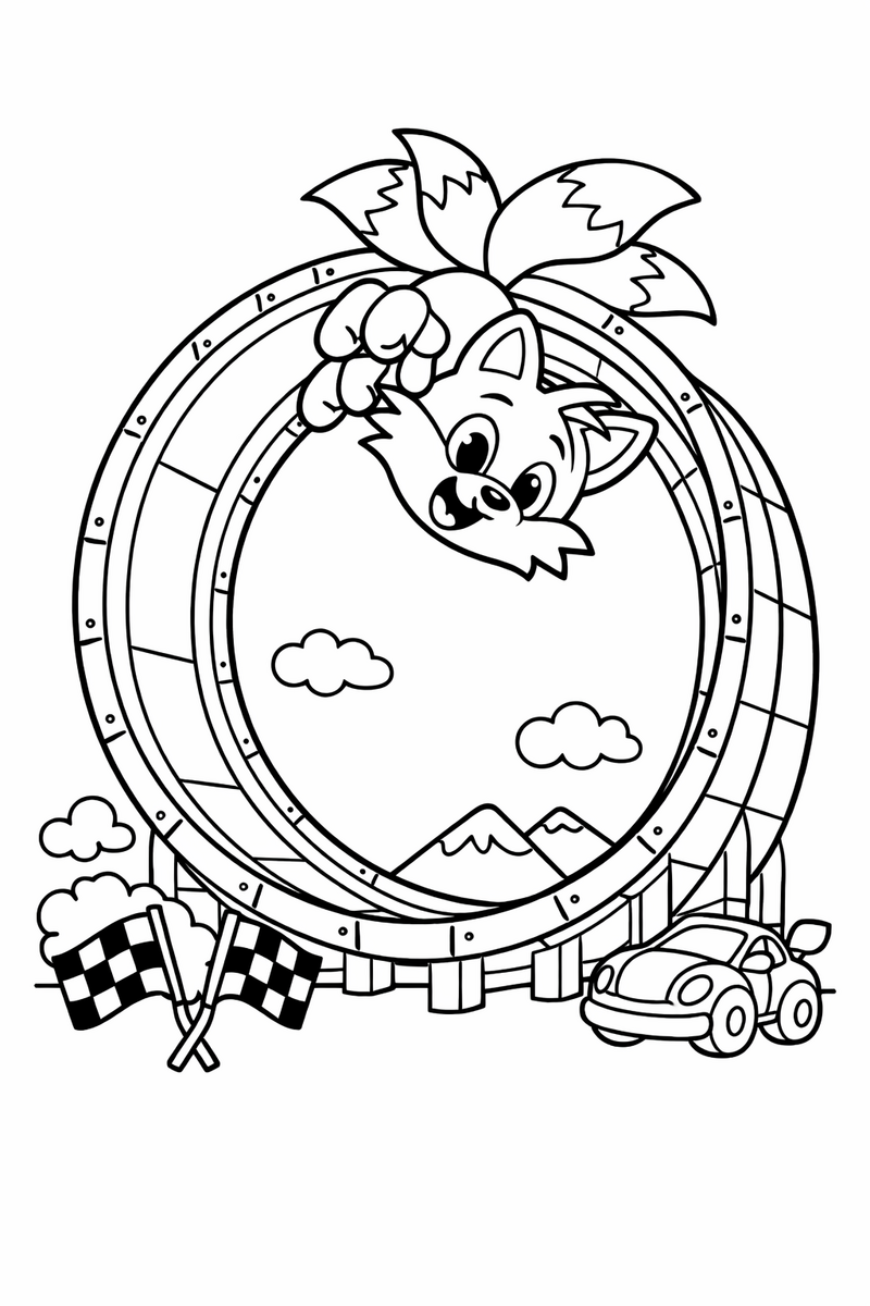 A two-tailed fox cub curving up and over the inside of a giant looping track coloring page