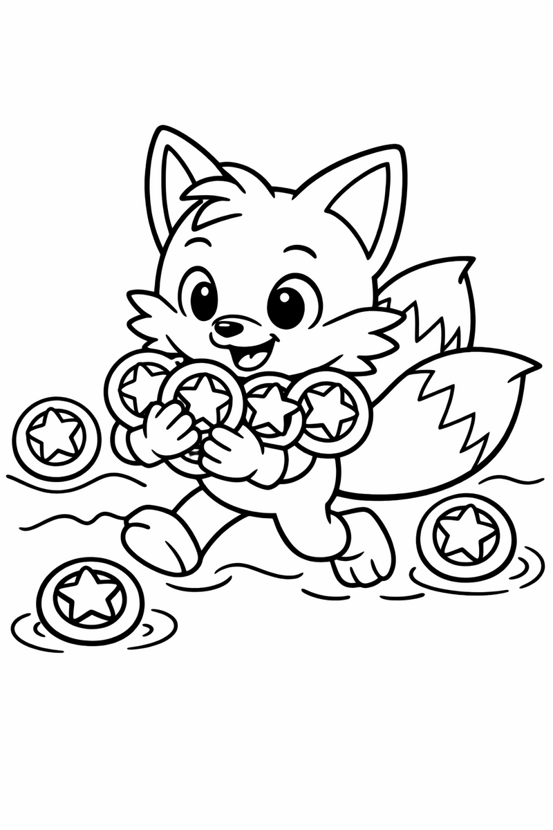 A two-tailed fox cub scooping up a row of floating star rings into his arms coloring page