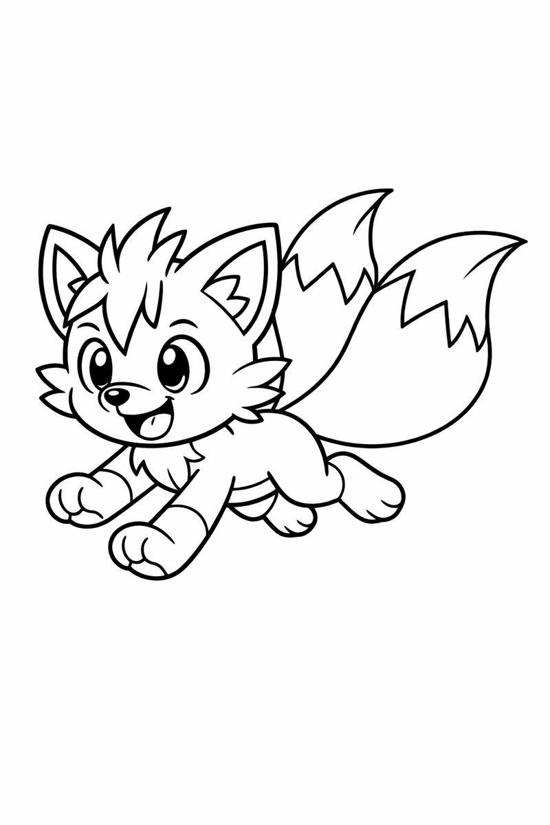 A two-tailed cartoon fox cub with spiky bangs sprinting forward with both tails streaming behind coloring page