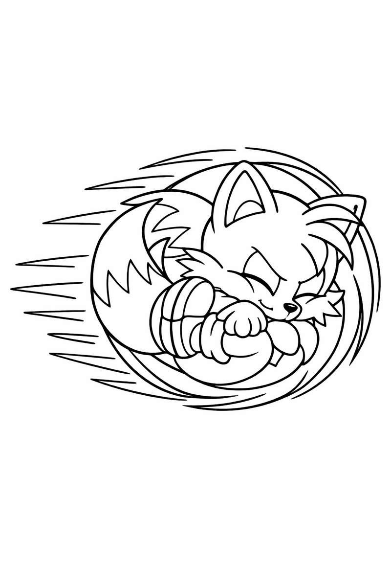 A two-tailed fox cub tucked into a tight spin-dash ball trailing motion lines coloring page