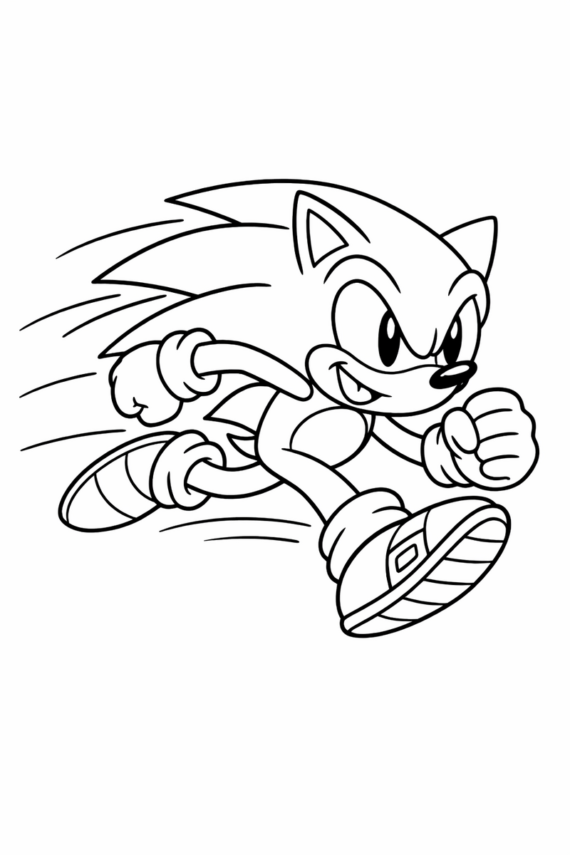 Sonic the Hedgehog, the fast blue cartoon hedgehog with long swept-back quills, big round eyes, tan muzzle, peach belly, white gloves and red sneakers, running at full speed with a huge forward stride, quills streaming out behind him coloring page