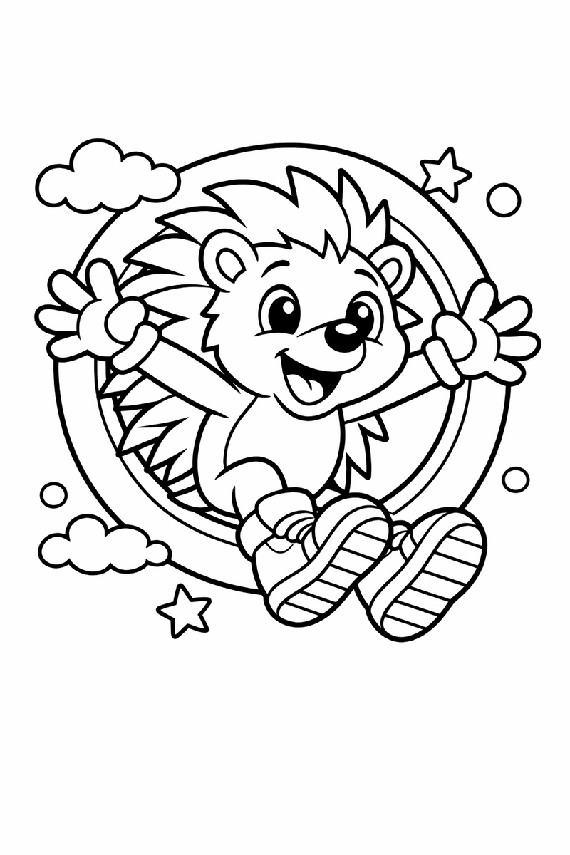Dibujo de un erizo estilo Sonic saltando a través de un anillo gigante para colorear