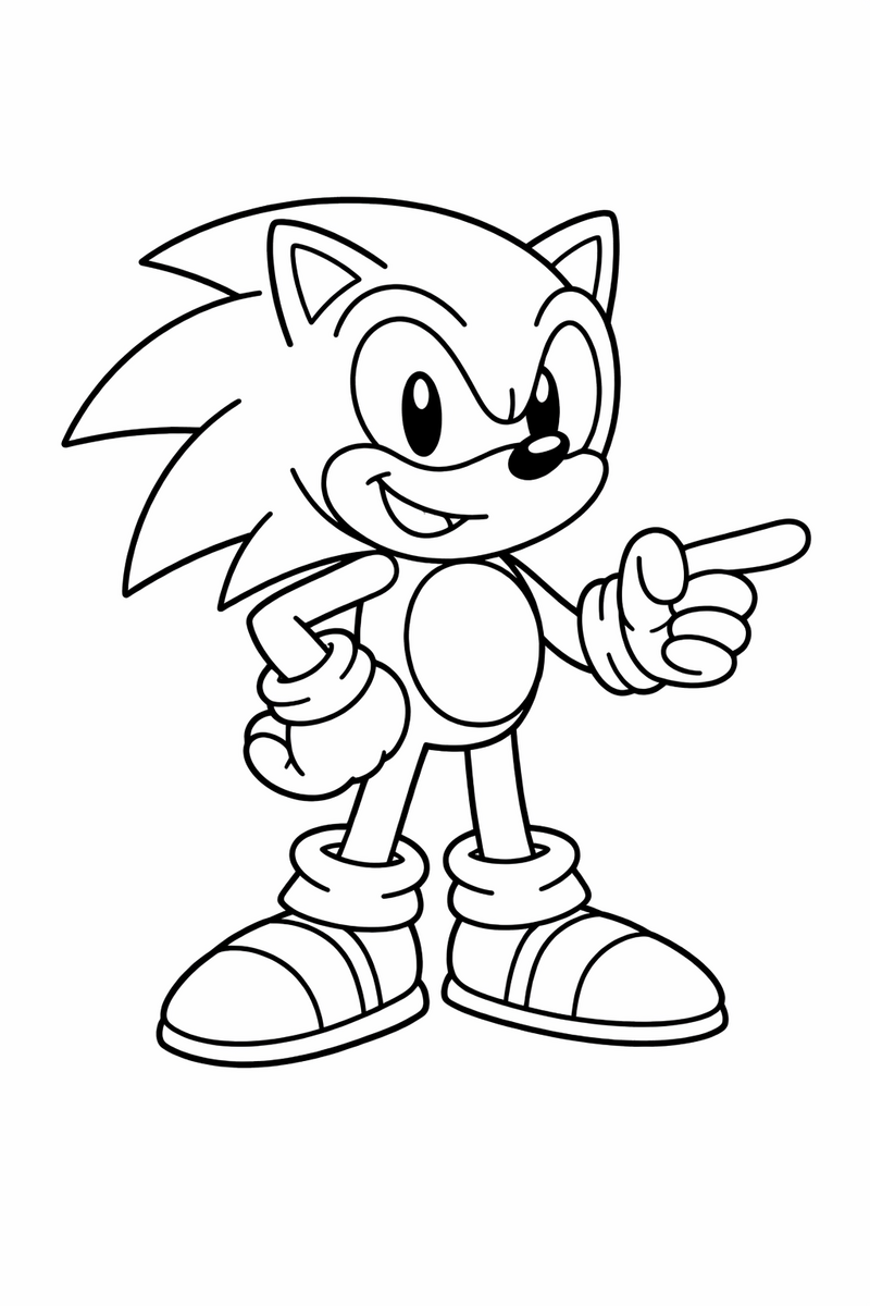Sonic the Hedgehog, the fast blue cartoon hedgehog with long swept-back quills, big round eyes, tan muzzle, peach belly, white gloves and red sneakers, in his classic confident stance, one hand on his hip, the other arm out, a big grin coloring page