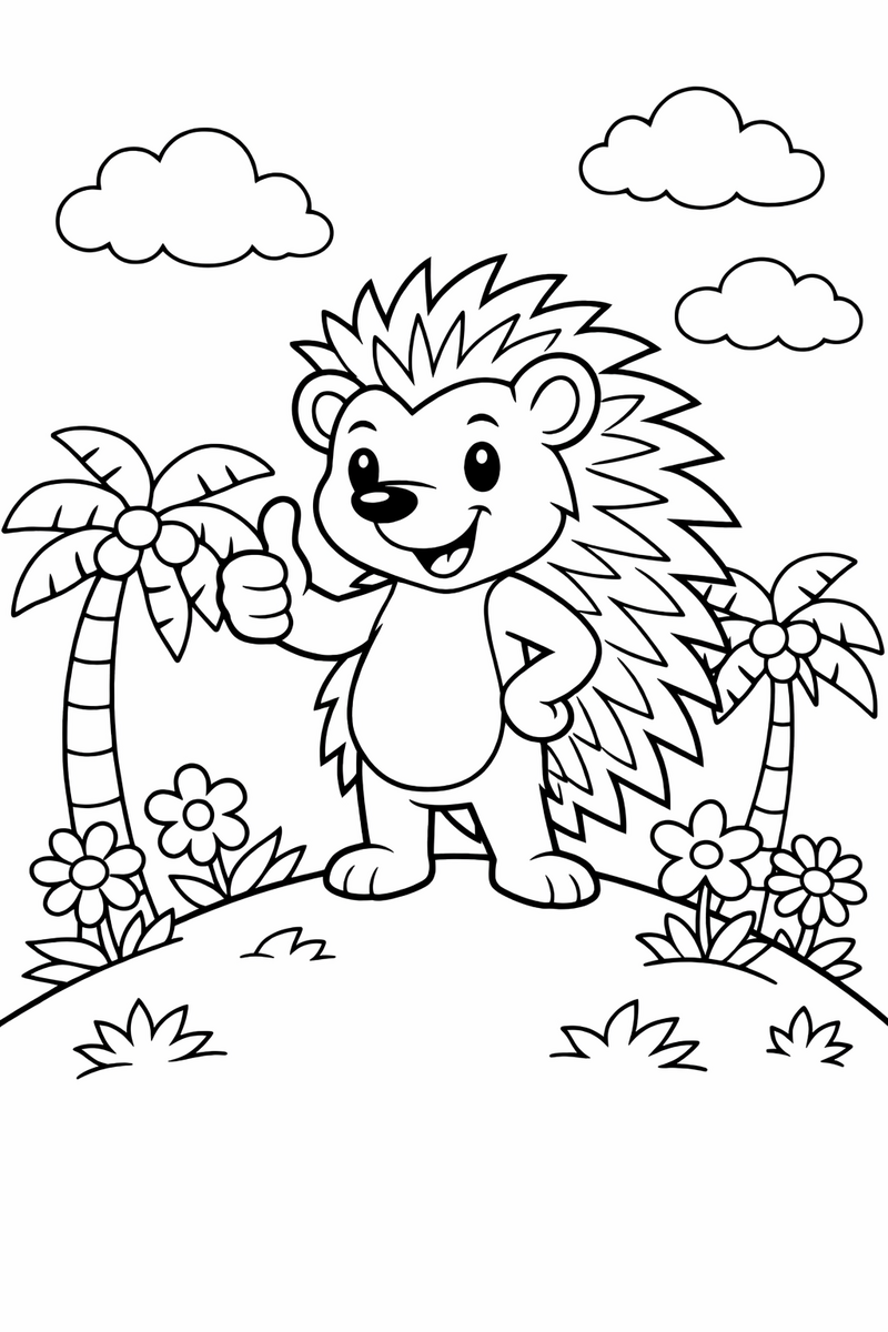 Dibujo de un erizo estilo Sonic en una colina con palmeras para colorear