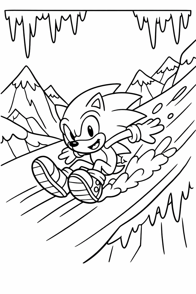 The blue hedgehog sliding down an icy slope past frozen peaks and dangling icicles coloring page