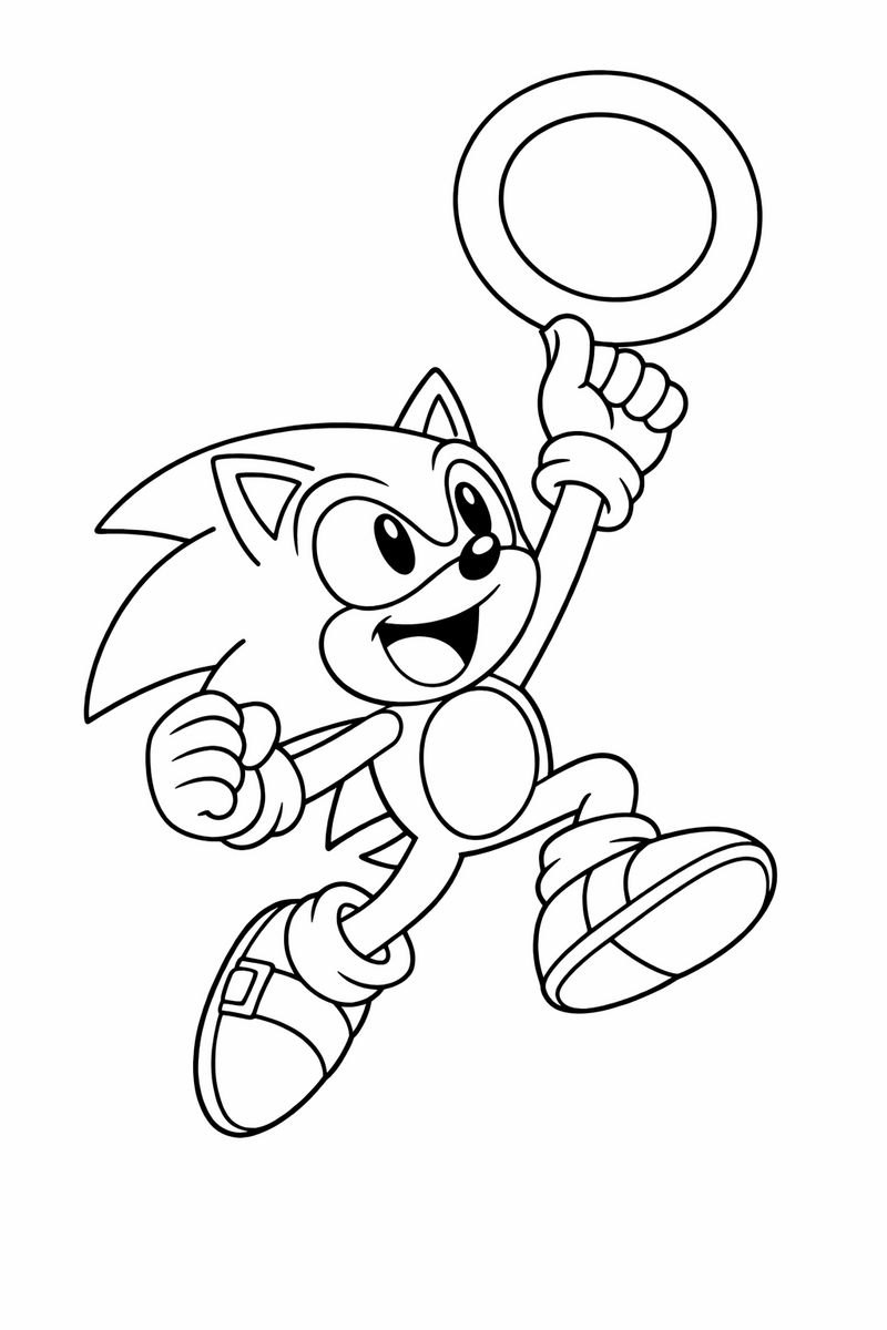 Sonic the Hedgehog, the fast blue cartoon hedgehog with long swept-back quills, big round eyes, tan muzzle, peach belly, white gloves and red sneakers, leaping high in the air, one arm stretched up to grab a big golden ring coloring page