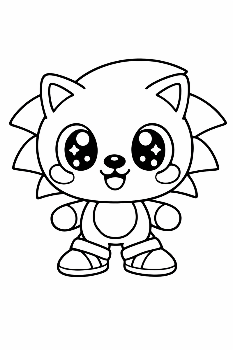 The blue hedgehog as a tiny big-headed chibi with sparkly eyes and stubby limbs coloring page