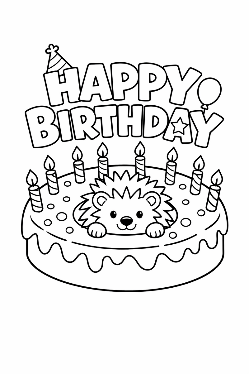 Party letters spelling HAPPY BIRTHDAY over a ring-shaped cake with candles and a hedgehog head coloring page
